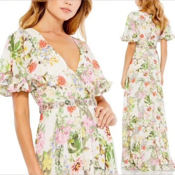 Mac Duggal Ivory Floral Print Faux Wrap Flutter Sleeve A Line Gown